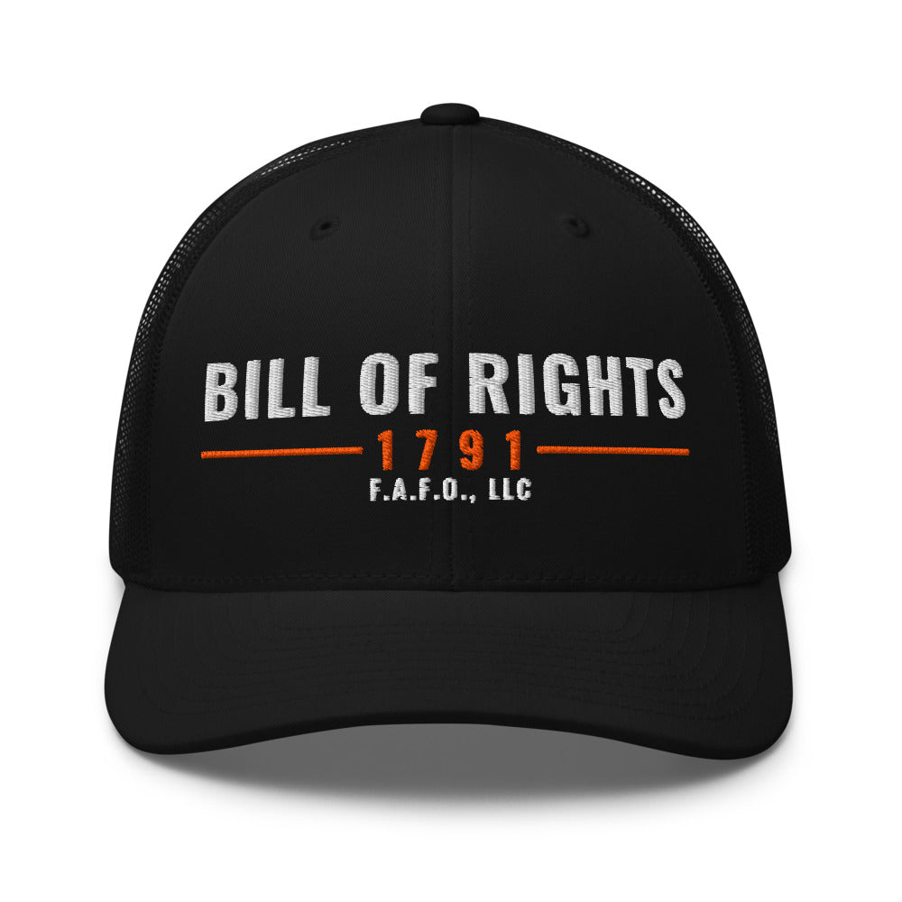 Mesh trucker cap in Black - Bill of Rights 1791 with F.A.F.O., LLC stamped on the front