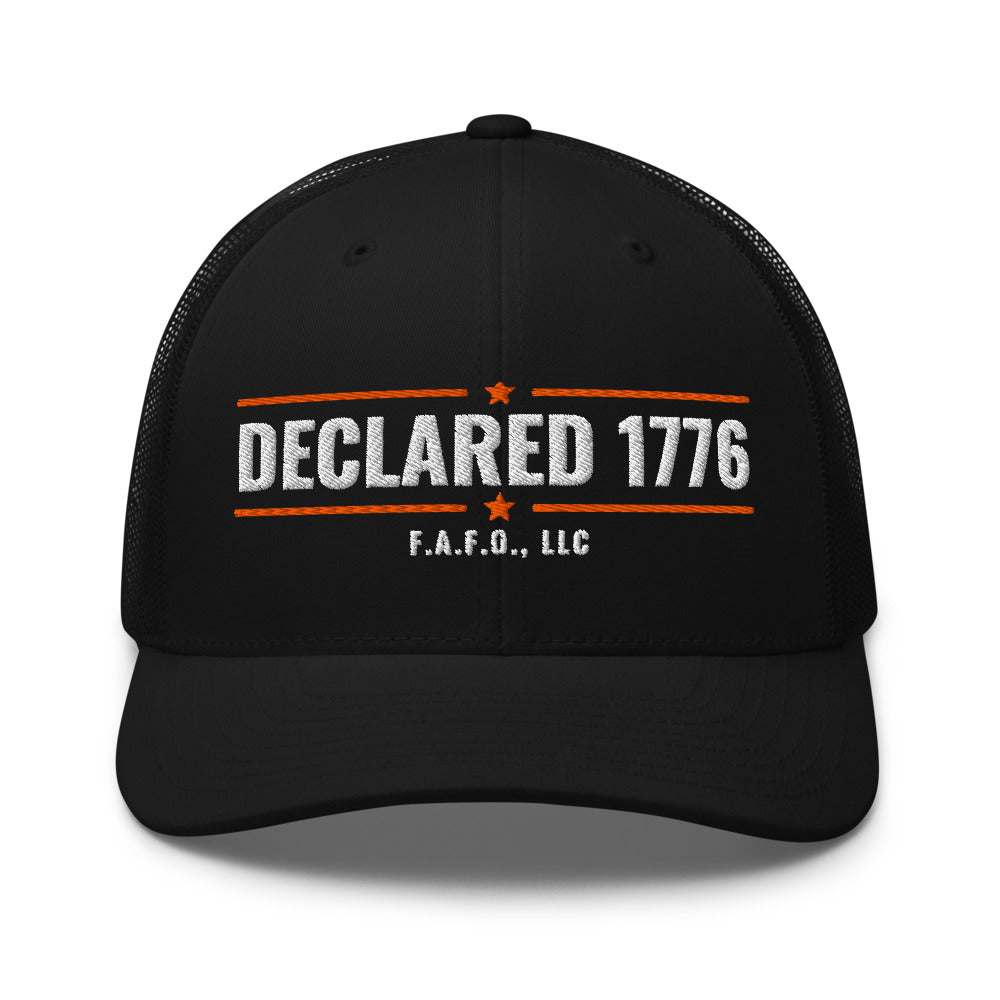 Mesh trucker cap in Black - Declaration of Independence 1776 with F.A.F.O., LLC stamped on the front