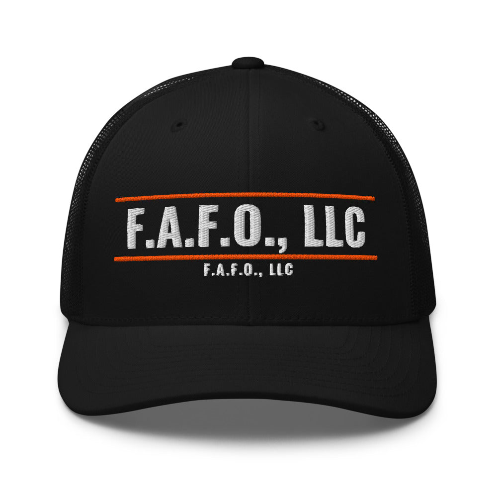 Mesh trucker cap in Black - F.A.F.O., LLC badge with F.A.F.O., LLC stamped on the front