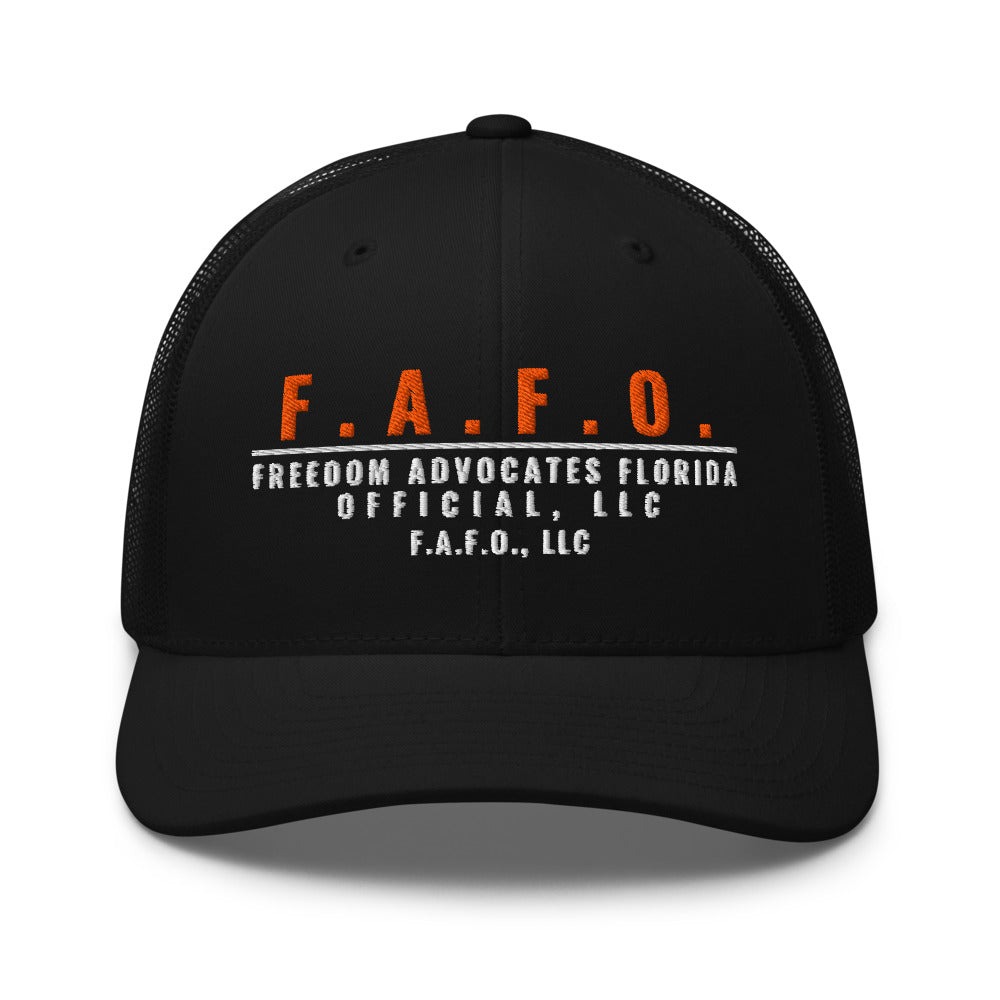 Mesh trucker cap in Black - F.A.F.O., LLC crest with F.A.F.O., LLC stamped on the front
