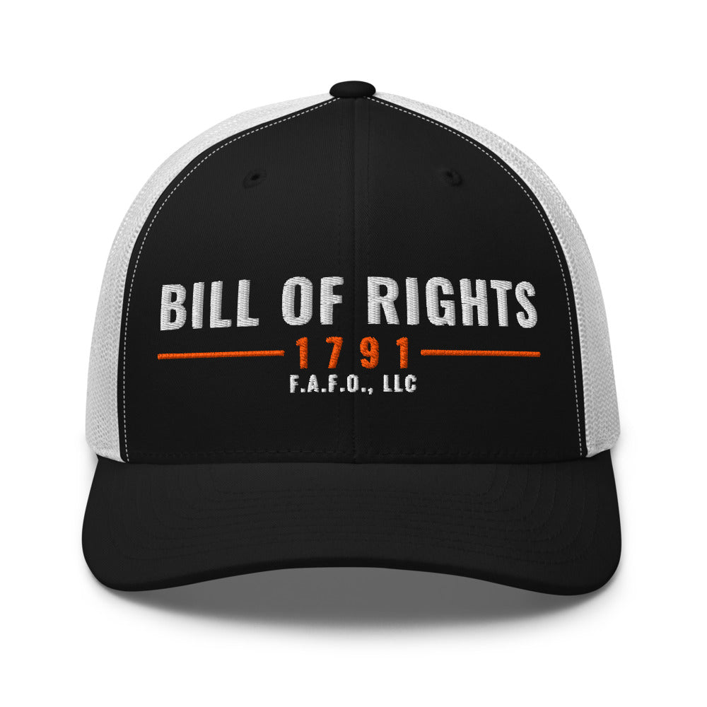 Mesh trucker cap in Black/ White - Bill of Rights 1791 with F.A.F.O., LLC stamped on the front