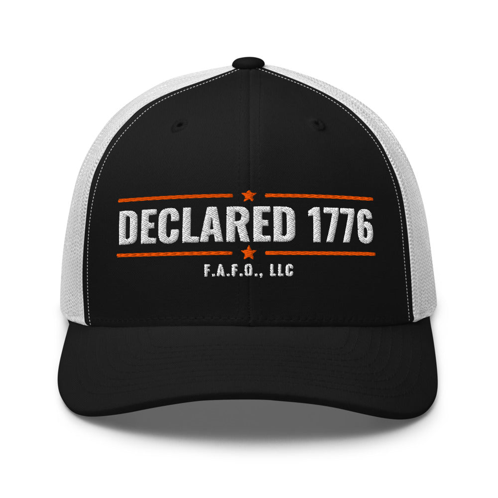 Mesh trucker cap in Black/ White - Declaration of Independence 1776 with F.A.F.O., LLC stamped on the front