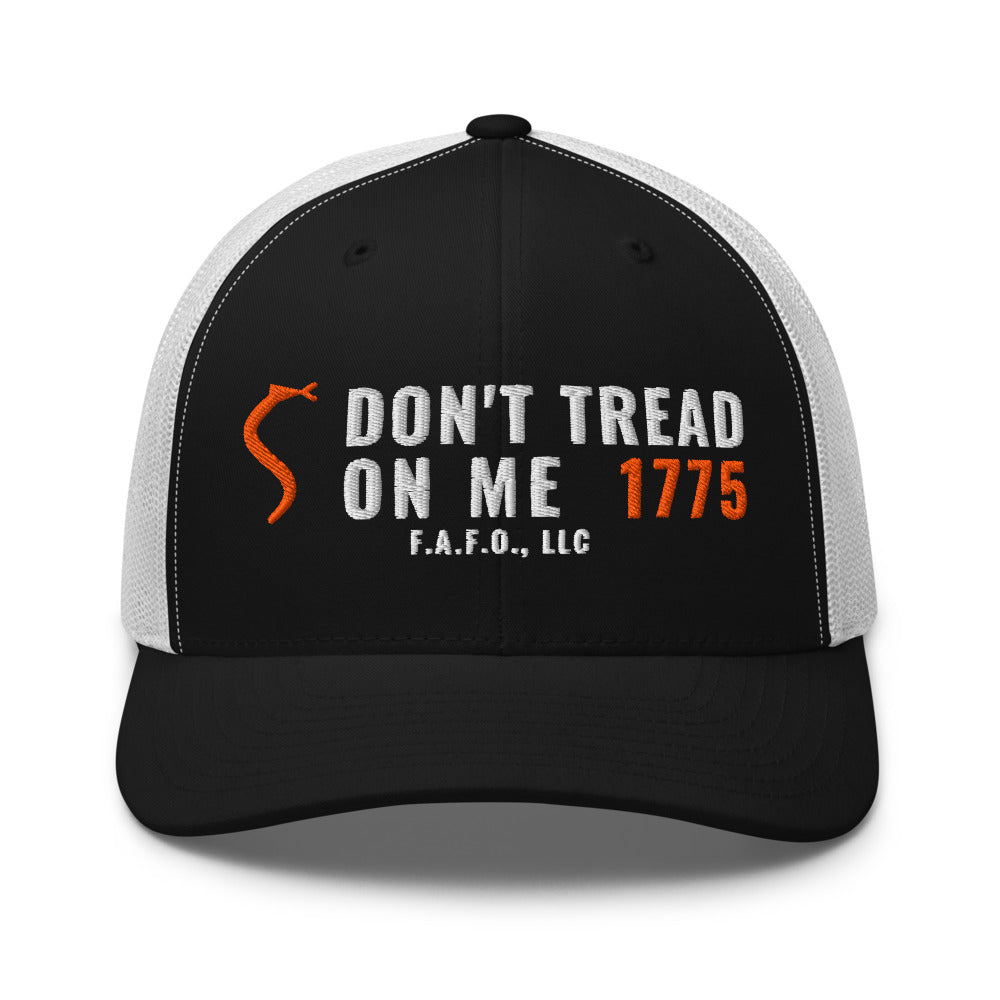 Mesh trucker cap in Black/ White - Don't Tread On Me 1775 with F.A.F.O., LLC stamped on the front