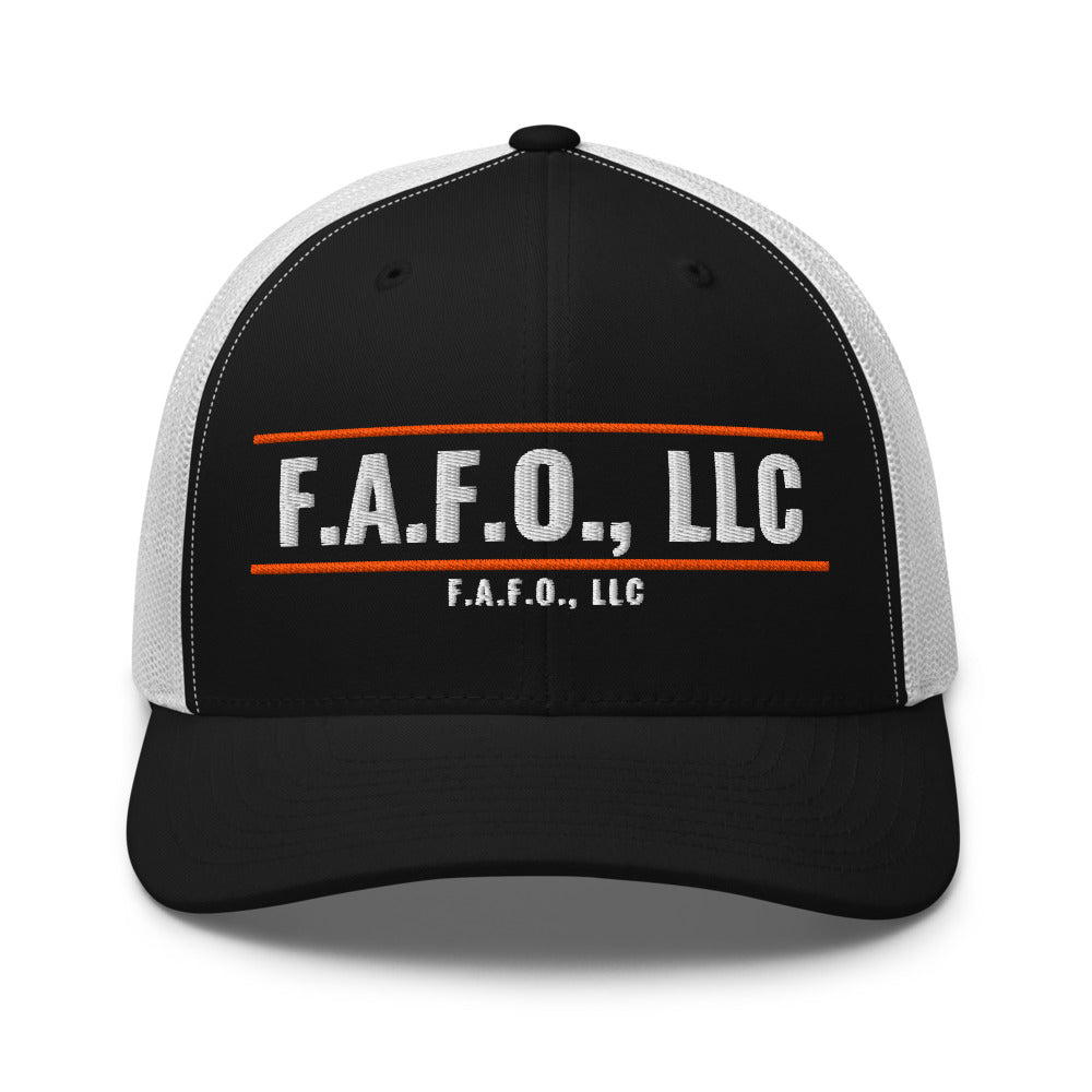 Mesh trucker cap in Black/ White - F.A.F.O., LLC badge with F.A.F.O., LLC stamped on the front