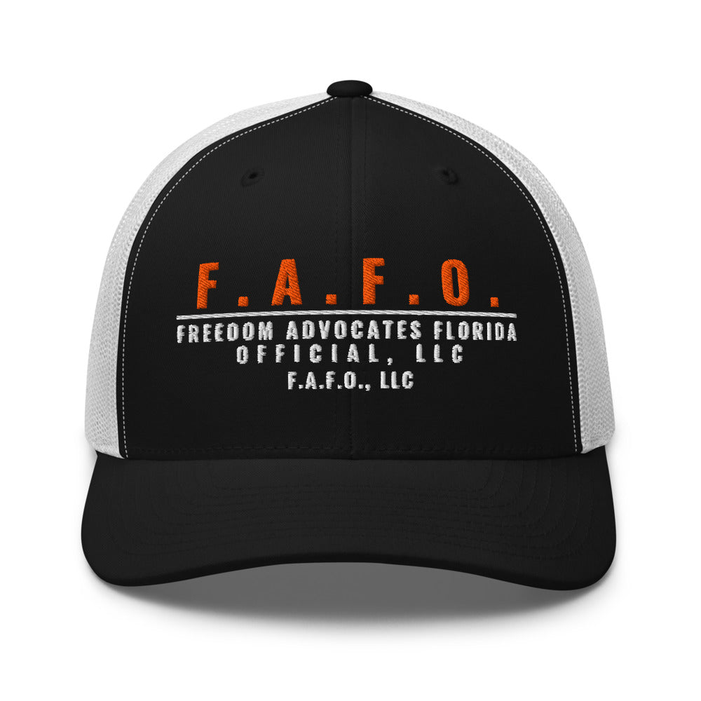Mesh trucker cap in Black/ White - F.A.F.O., LLC crest with F.A.F.O., LLC stamped on the front