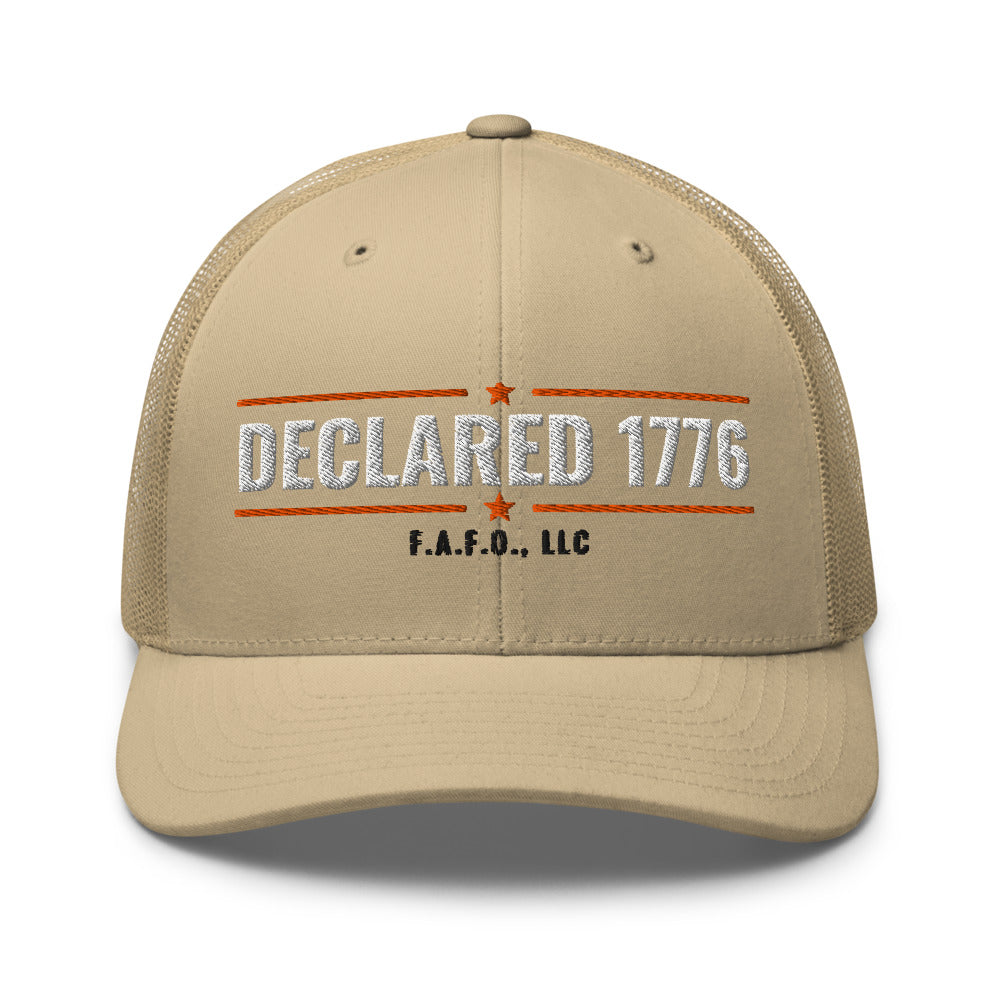 Mesh trucker cap in Khaki - Declaration of Independence 1776 with F.A.F.O., LLC stamped on the front