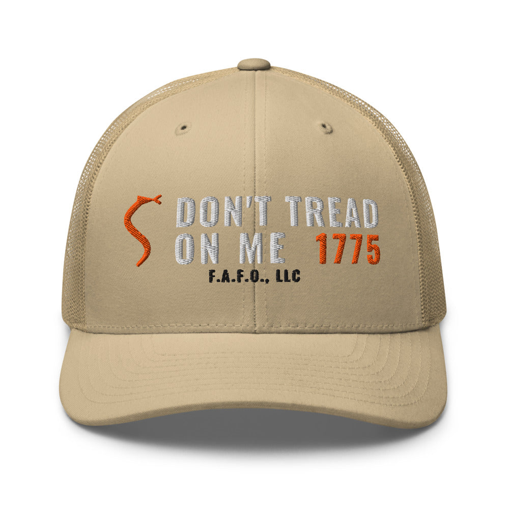Mesh trucker cap in Khaki - Don't Tread On Me 1775 with F.A.F.O., LLC stamped on the front
