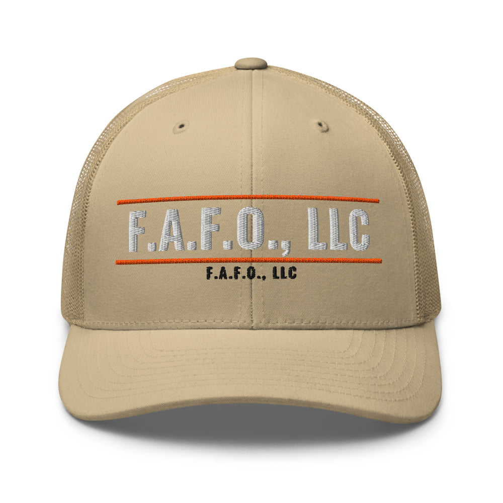 Mesh trucker cap in Khaki - F.A.F.O., LLC badge with F.A.F.O., LLC stamped on the front