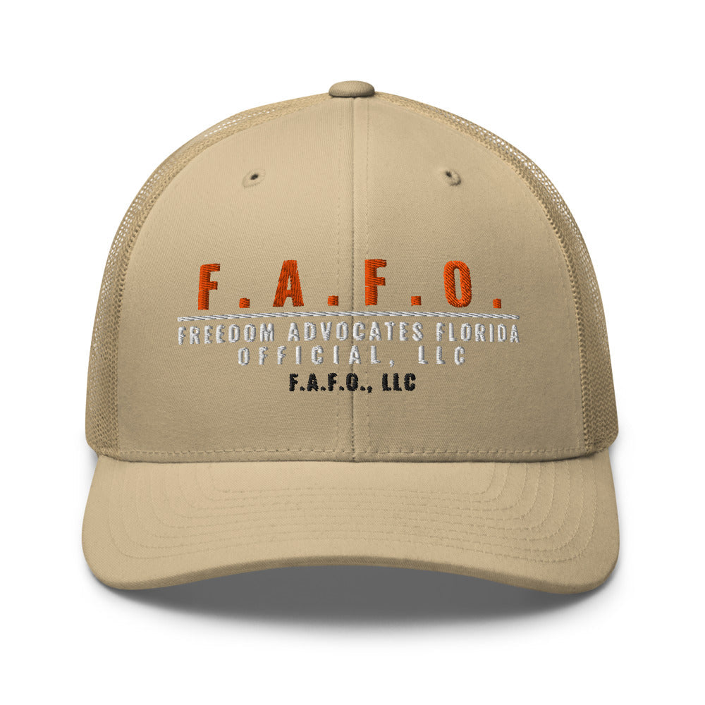 Mesh trucker cap in Khaki - F.A.F.O., LLC crest with F.A.F.O., LLC stamped on the front