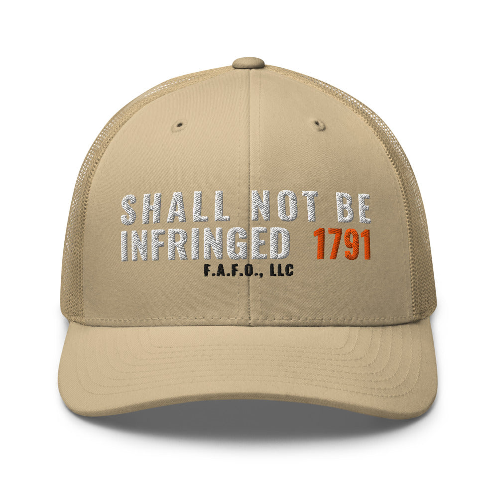 Mesh trucker cap in Khaki - Shall Not Be Infringed 1791 with F.A.F.O., LLC stamped on the front