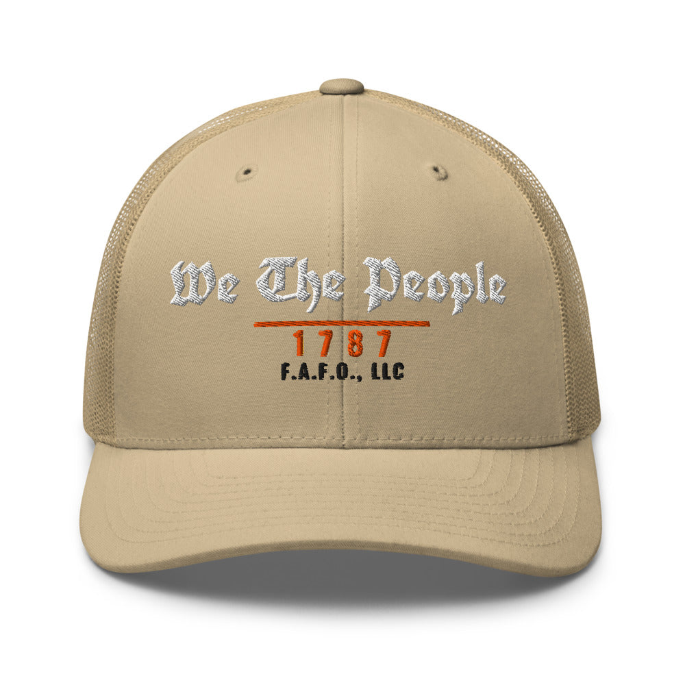 Mesh trucker cap in Khaki - We The People 1787 with F.A.F.O., LLC stamped on the front