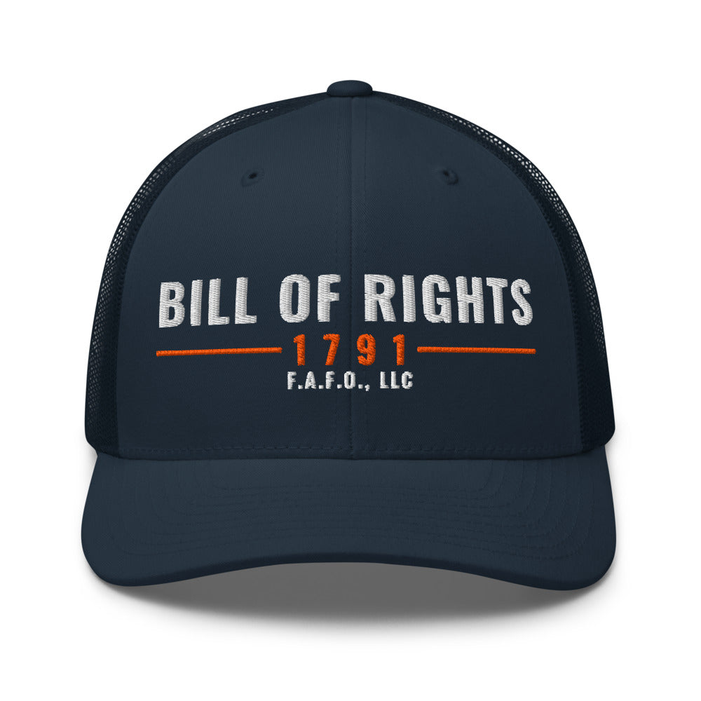 Mesh trucker cap in Navy - Bill of Rights 1791 with F.A.F.O., LLC stamped on the front