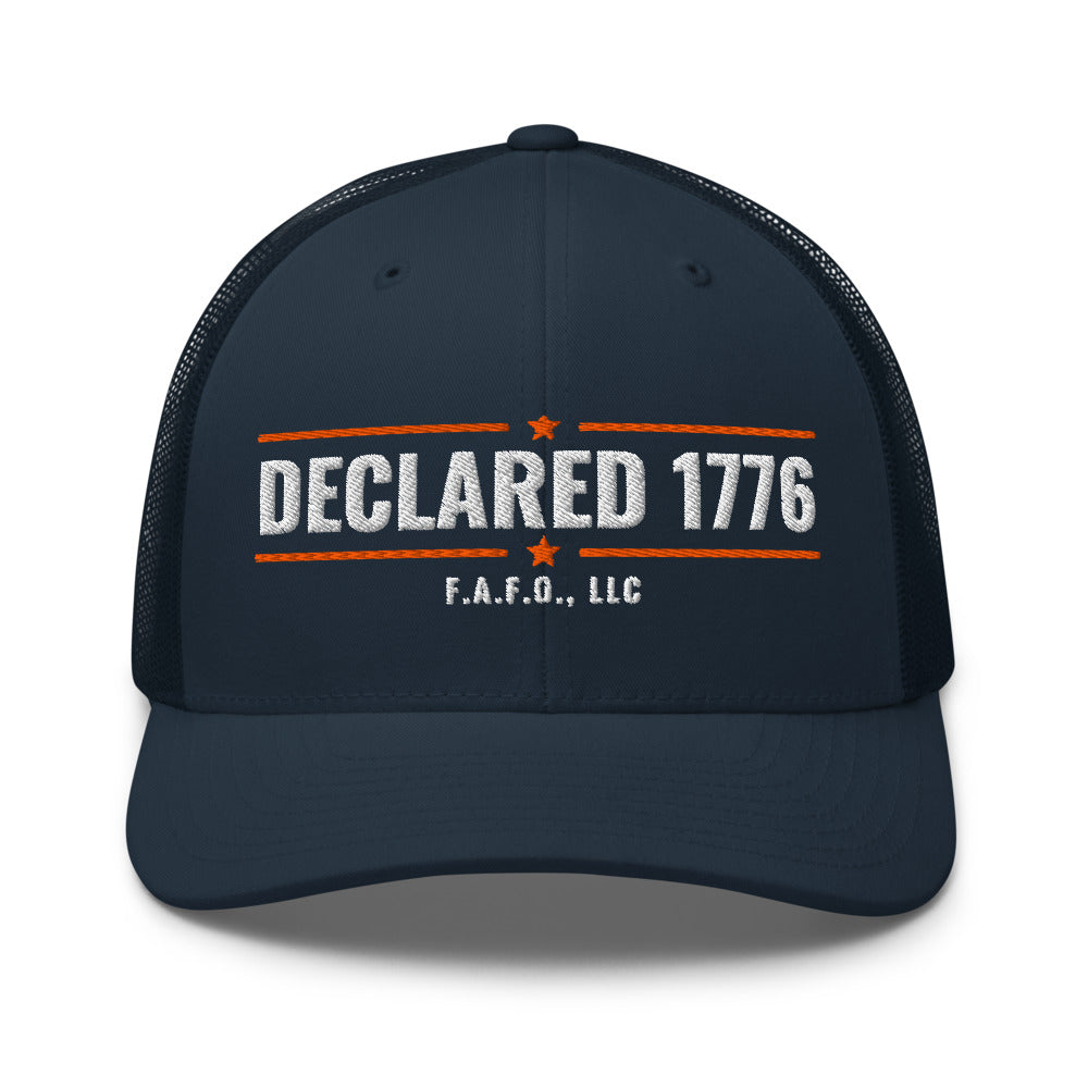Mesh trucker cap in Navy - Declaration of Independence 1776 with F.A.F.O., LLC stamped on the front