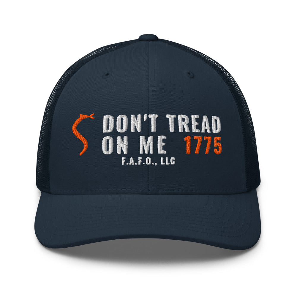 Mesh trucker cap in Navy - Don't Tread On Me 1775 with F.A.F.O., LLC stamped on the front