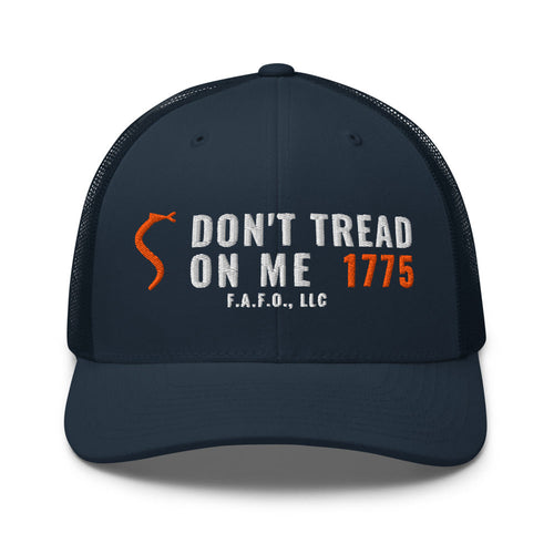 Mesh trucker cap in Navy - Don't Tread On Me 1775 with F.A.F.O., LLC stamped on the front