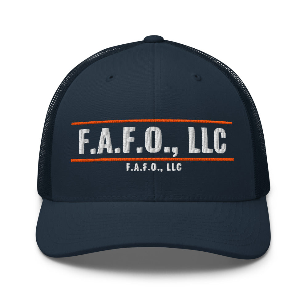 Mesh trucker cap in Navy - F.A.F.O., LLC badge with F.A.F.O., LLC stamped on the front
