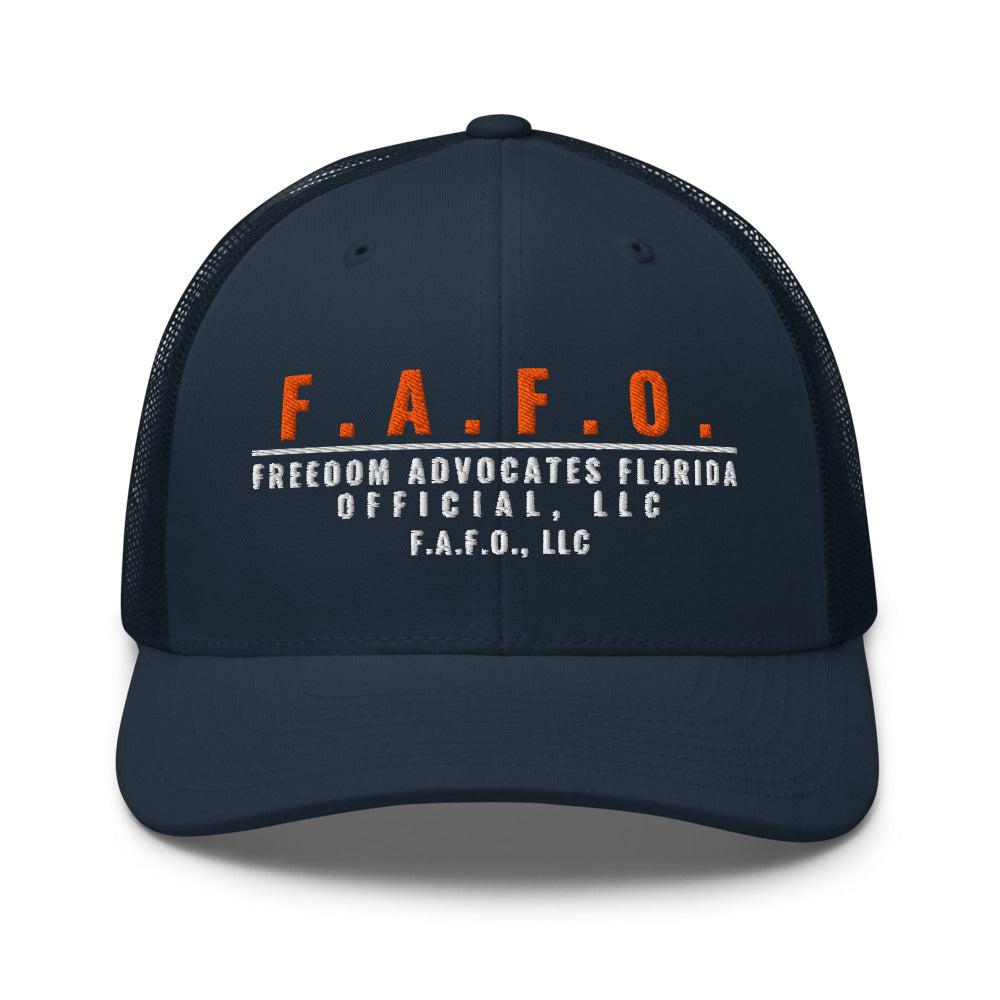 Mesh trucker cap in Navy - F.A.F.O., LLC crest with F.A.F.O., LLC stamped on the front