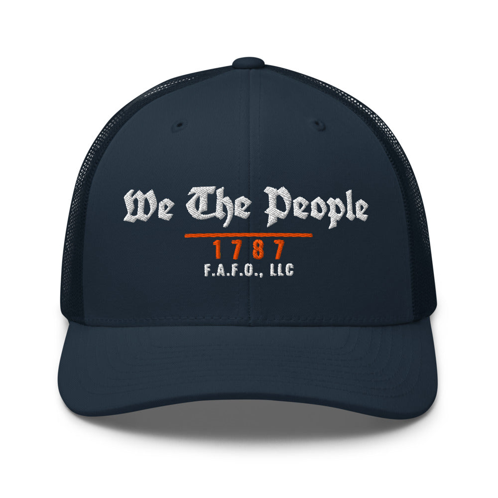 Mesh trucker cap in Navy - We The People 1787 with F.A.F.O., LLC stamped on the front