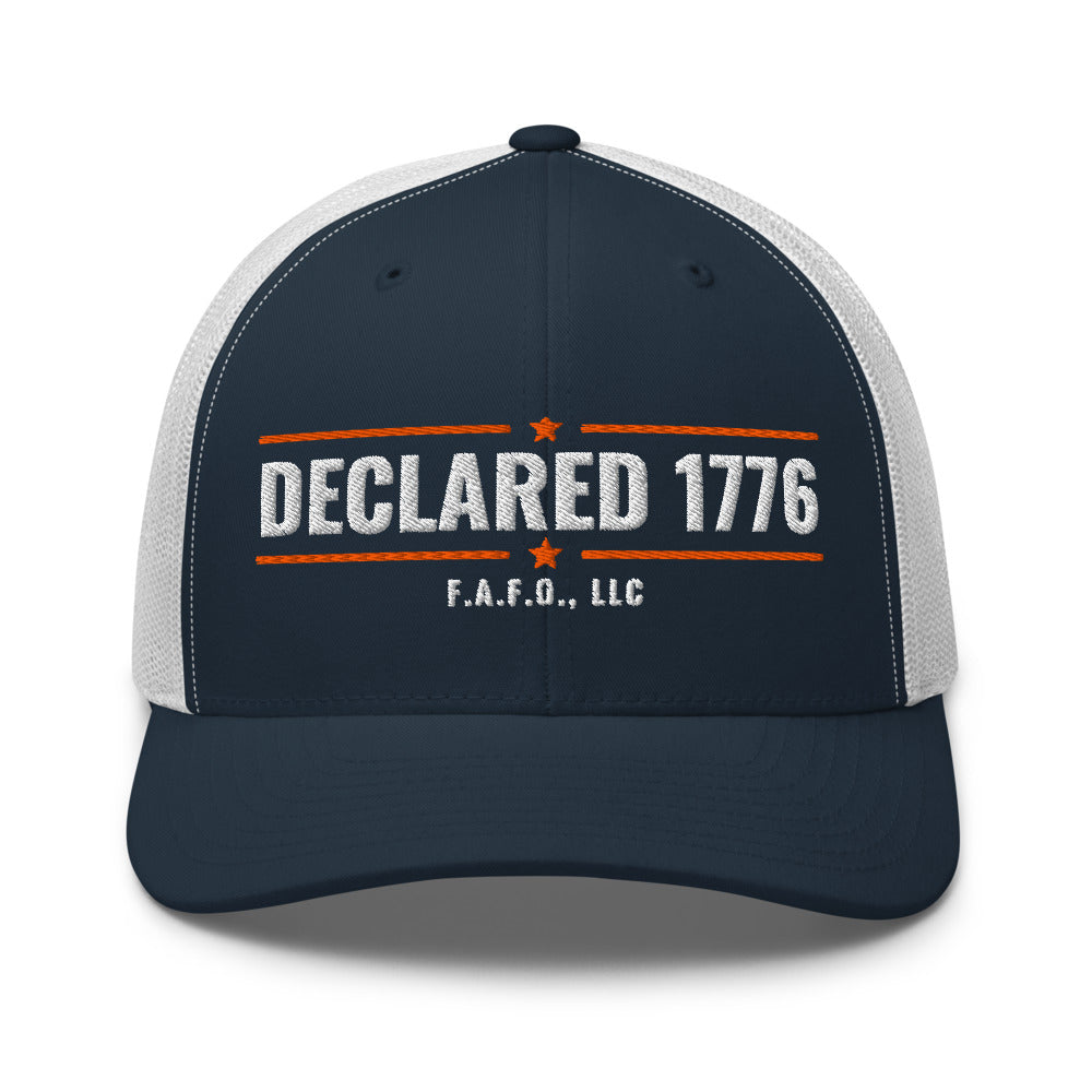 Mesh trucker cap in Navy/ White - Declaration of Independence 1776 with F.A.F.O., LLC stamped on the front