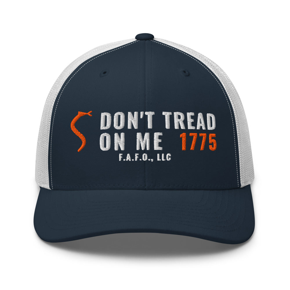 Mesh trucker cap in Navy/ White - Don't Tread On Me 1775 with F.A.F.O., LLC stamped on the front