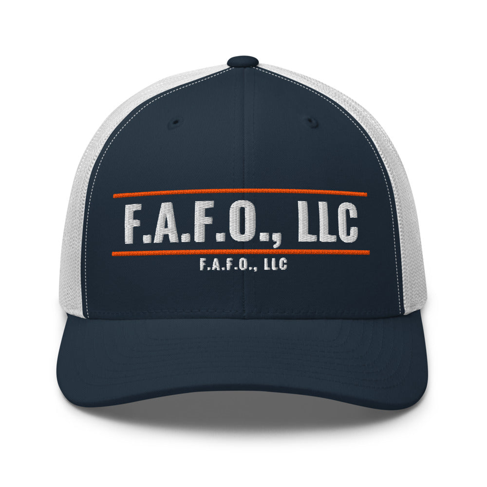 Mesh trucker cap in Navy/ White - F.A.F.O., LLC badge with F.A.F.O., LLC stamped on the front