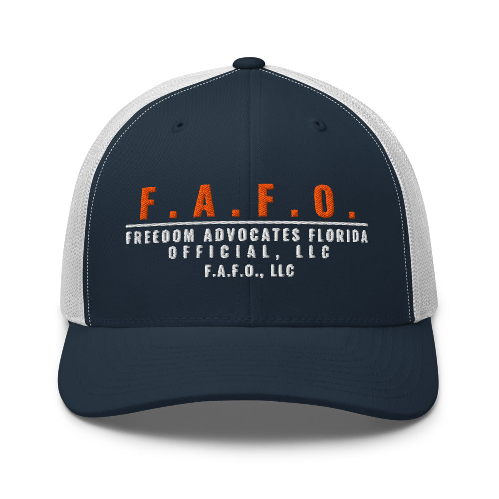 Mesh trucker cap in Navy/ White - F.A.F.O., LLC crest with F.A.F.O., LLC stamped on the front