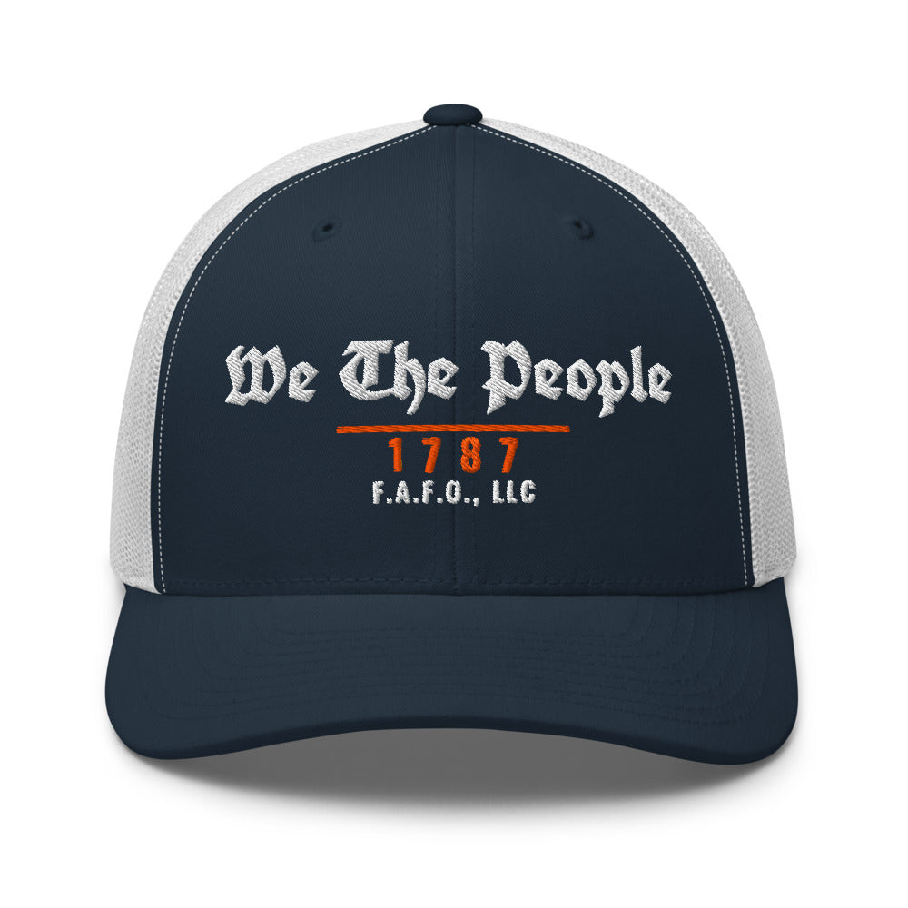Mesh trucker cap in Navy/ White - We The People 1787 with F.A.F.O., LLC stamped on the front