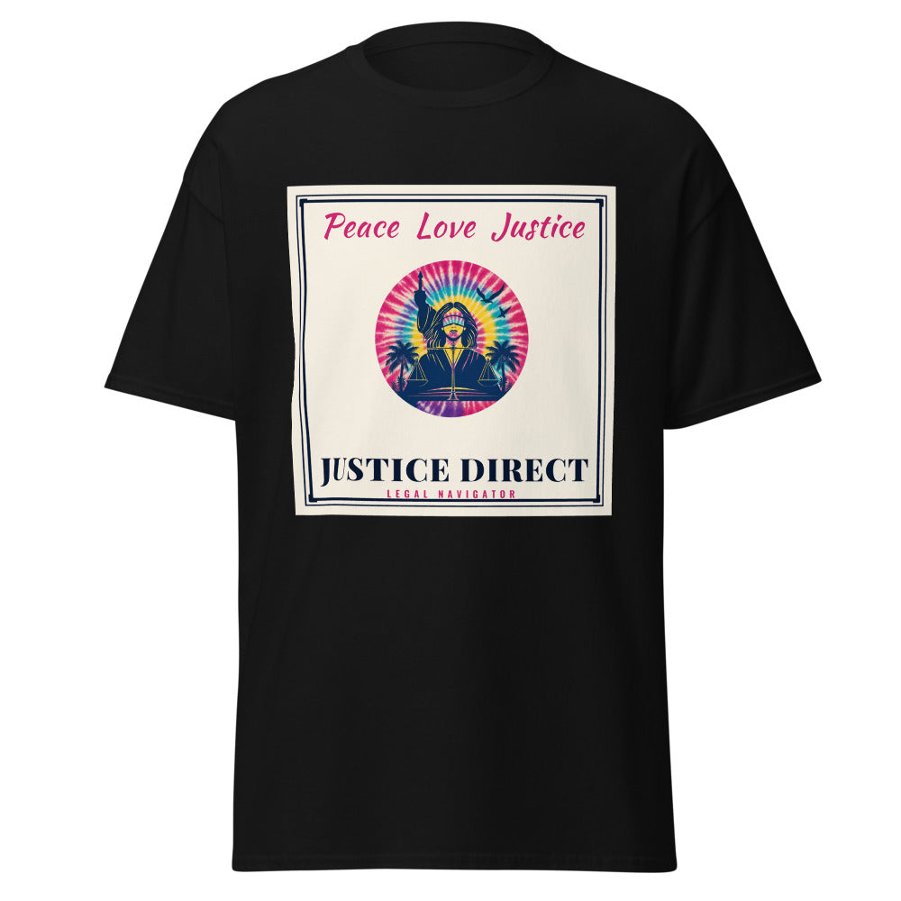 Peace Love Justice printed on a Black unisex classic tee - Freedom Advocates Florida Official, LLC