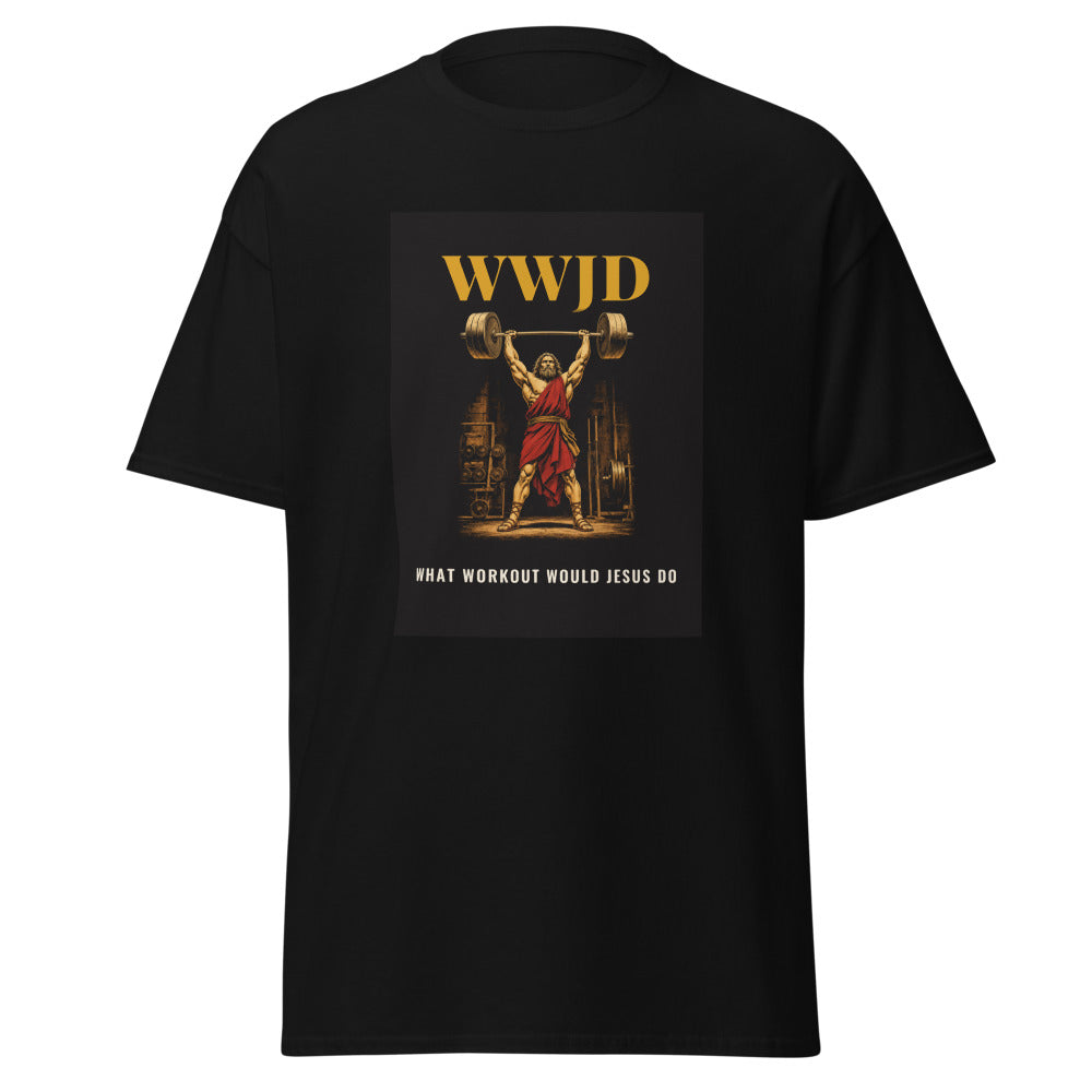 WWJD, what workout would Jesus do printed on a Black unisex classic tee - Freedom Advocates Florida Official, LLC