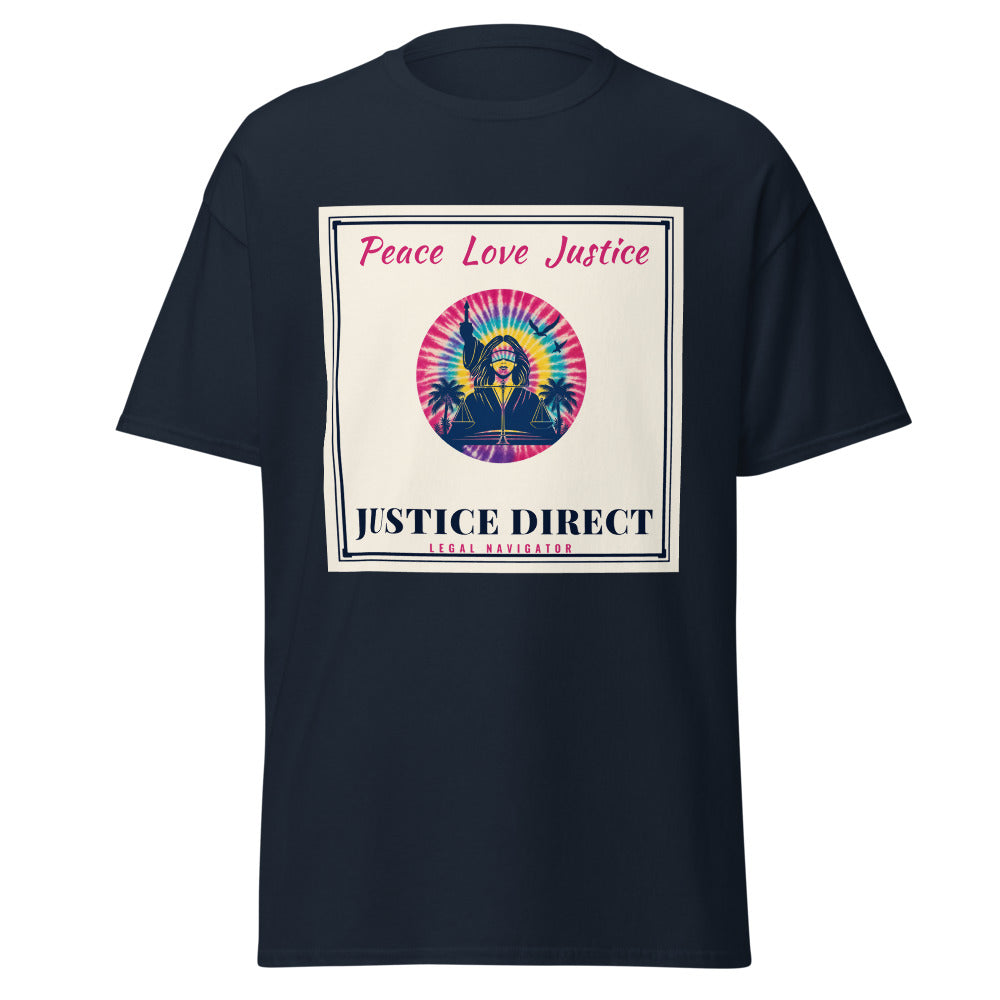 Peace Love Justice printed on a Navy unisex classic tee - Freedom Advocates Florida Official, LLC