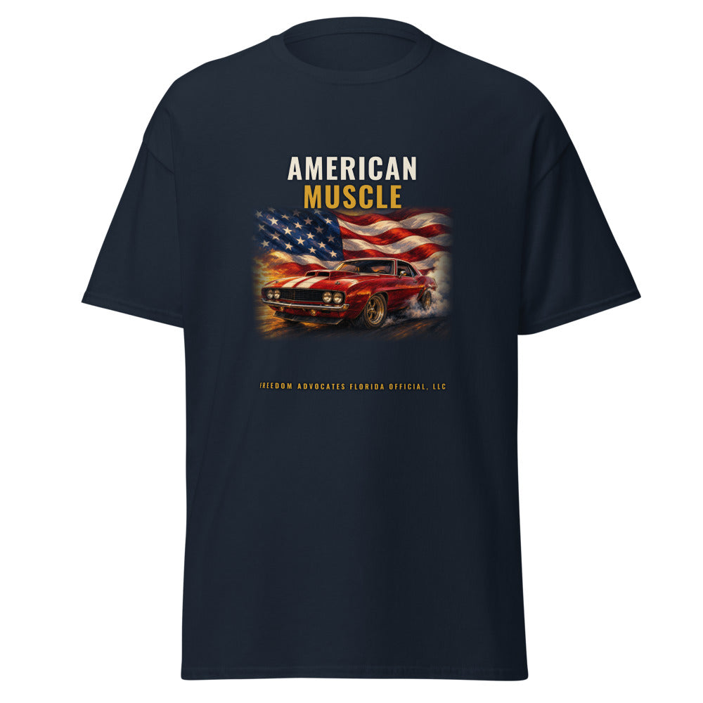 American Muscle printed on a Navy tee - Freedom Advocates Florida Official, LLC