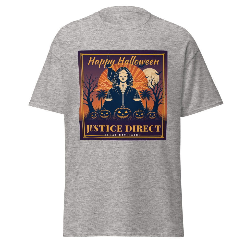Happy Halloween, Justice Direct printed on a Sport Grey unisex classic tee - Freedom Advocates Florida Official, LLC