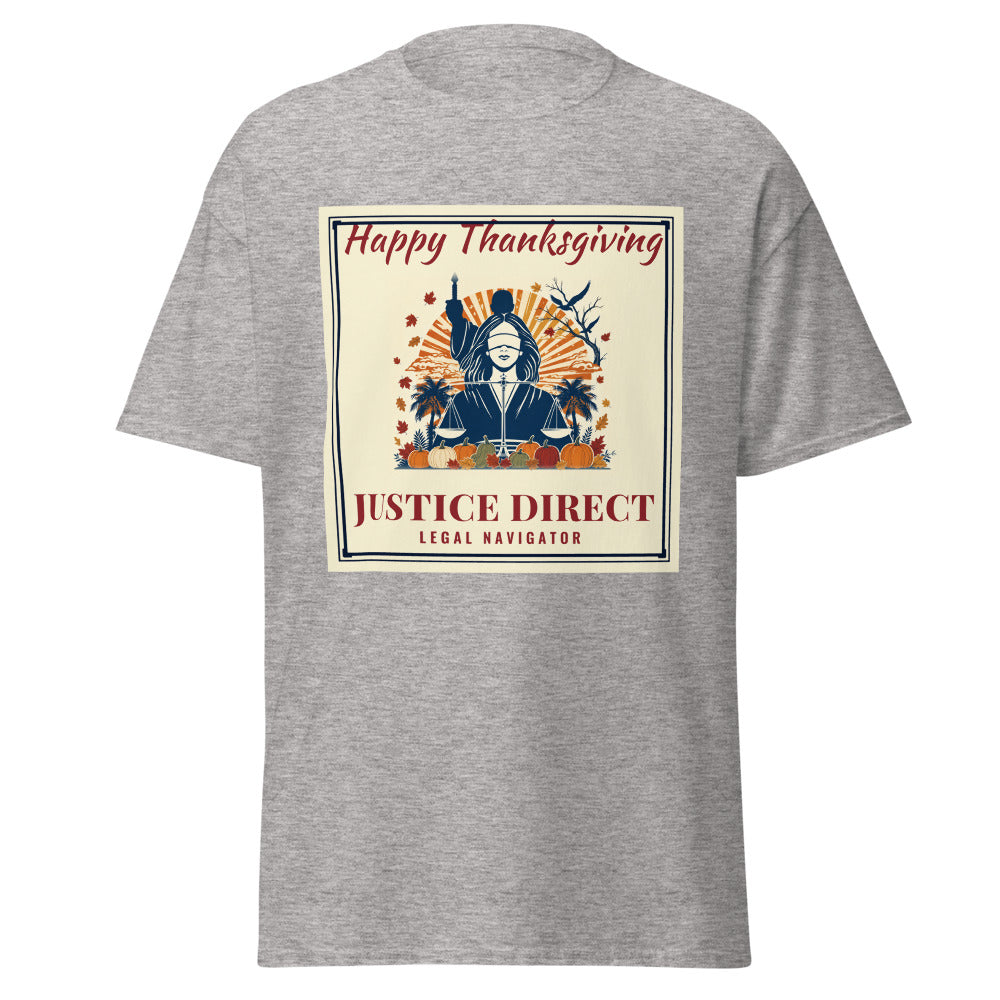 Happy Thanksgiving, Justice Direct printed on a Sport Grey unisex classic tee - Freedom Advocates Florida Official, LLC
