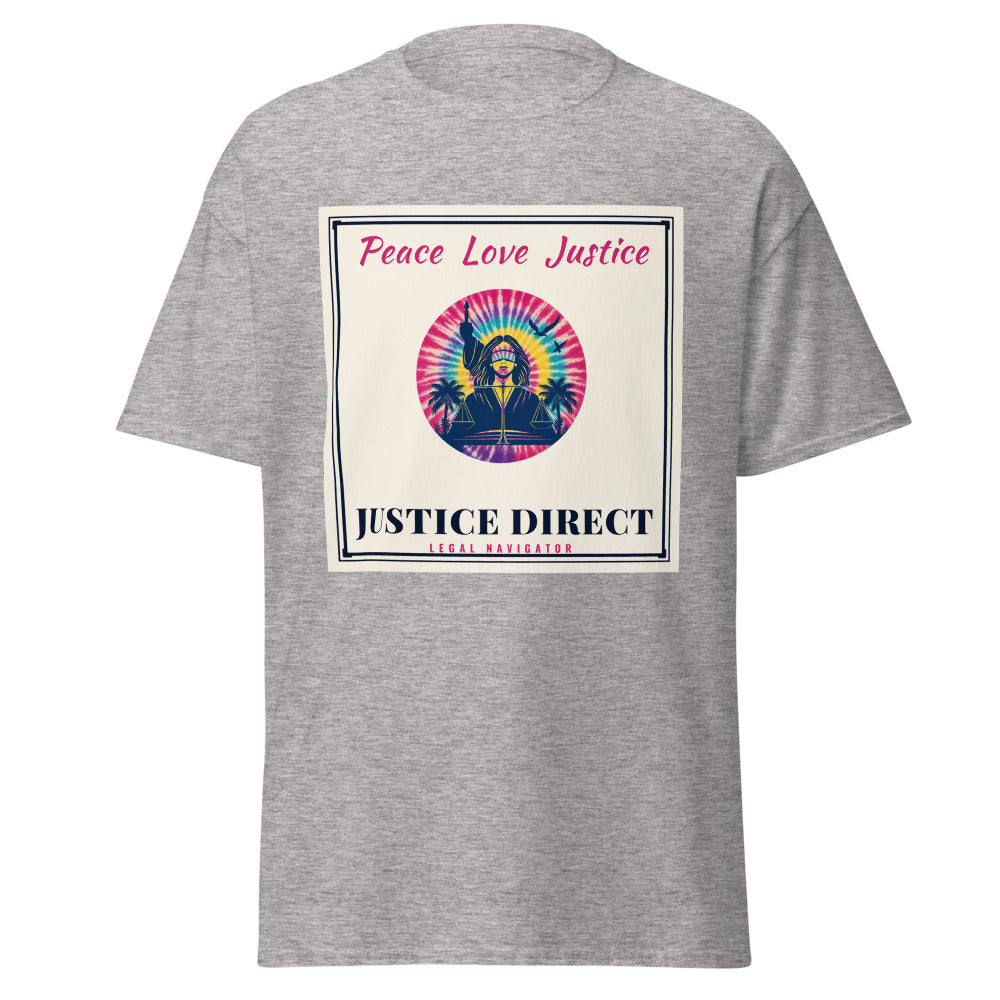 Peace Love Justice printed on a Sport Grey unisex classic tee - Freedom Advocates Florida Official, LLC
