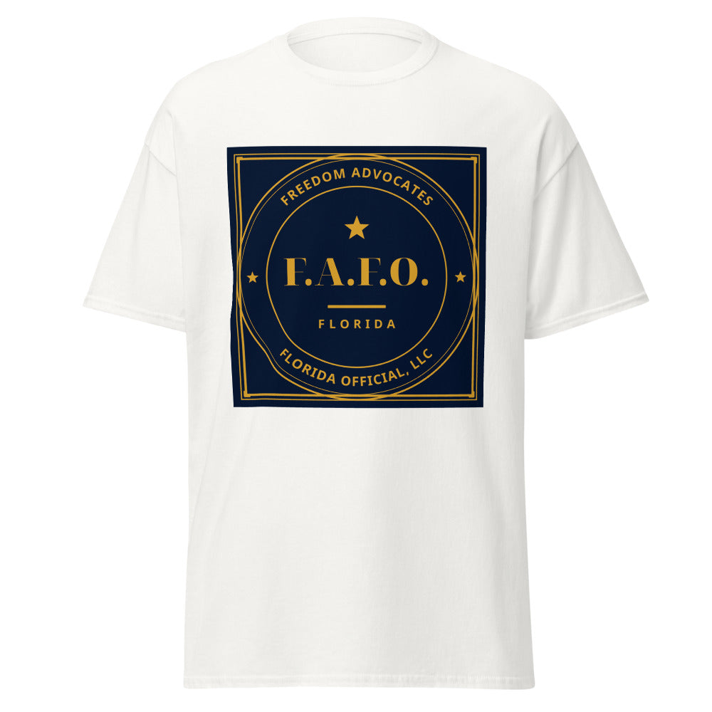 F.A.F.O. Badge printed on a White unisex classic tee - Freedom Advocates Florida Official, LLC