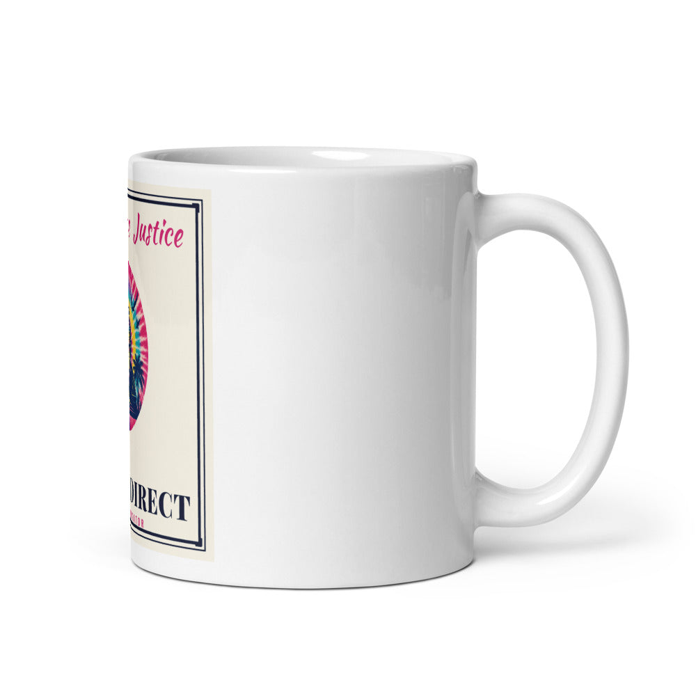 Peace Love Justice printed on an 11 oz white glossy mug - Freedom Advocates Florida Official, LLC