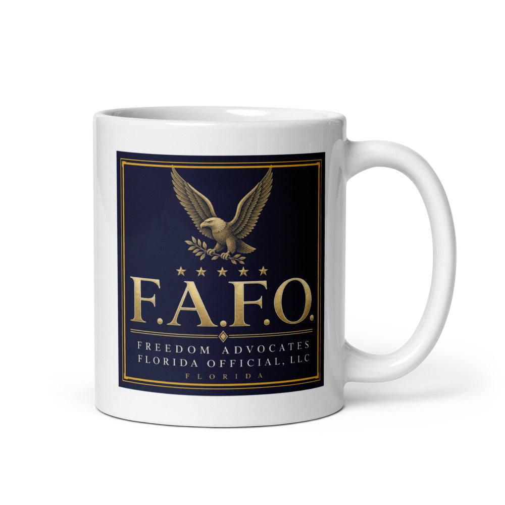 F.A.F.O. Crest centred on the front of a 11 oz white glossy mug - Freedom Advocates Florida Official, LLC