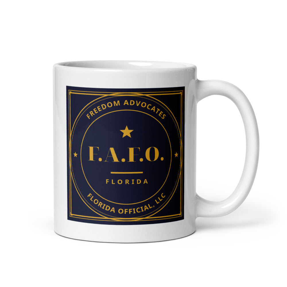 F.A.F.O. Badge centred on the front of a 11 oz white glossy mug - Freedom Advocates Florida Official, LLC