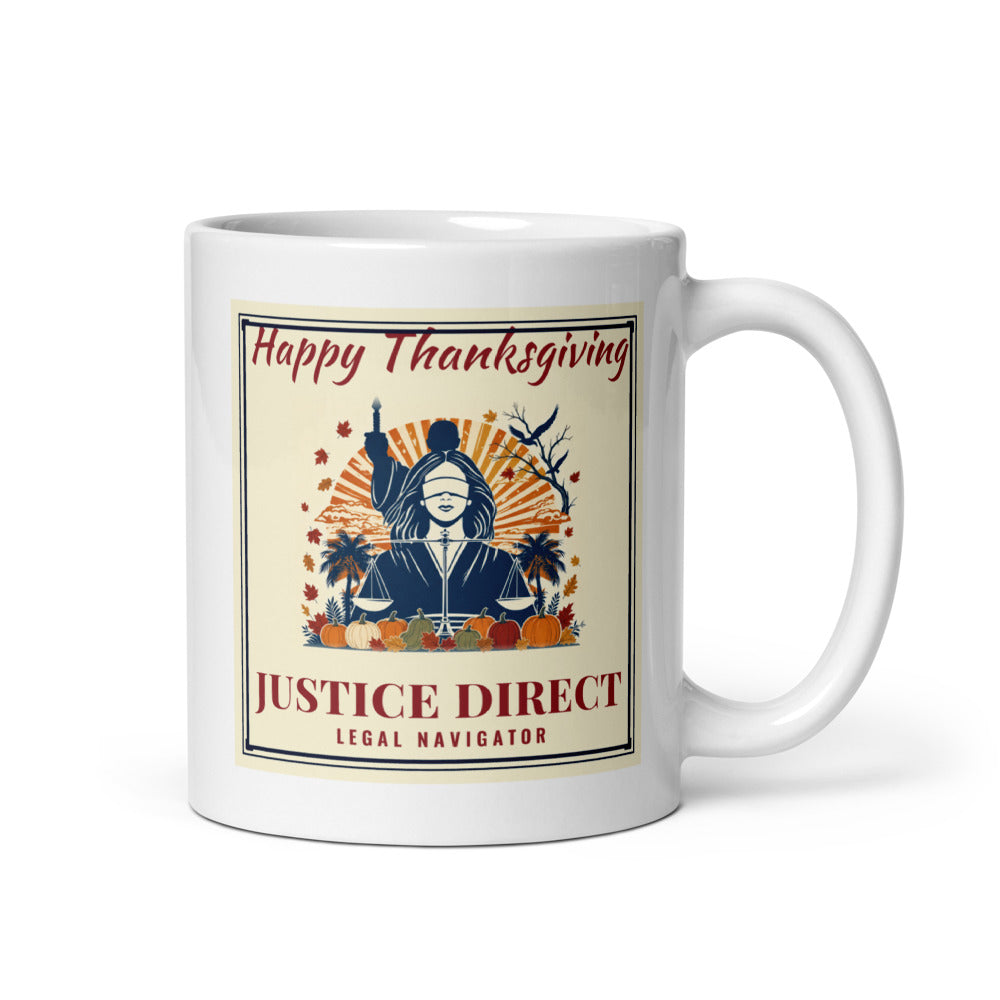 Happy Thanksgiving centred on the front of a 11 oz white glossy mug - Freedom Advocates Florida Official, LLC