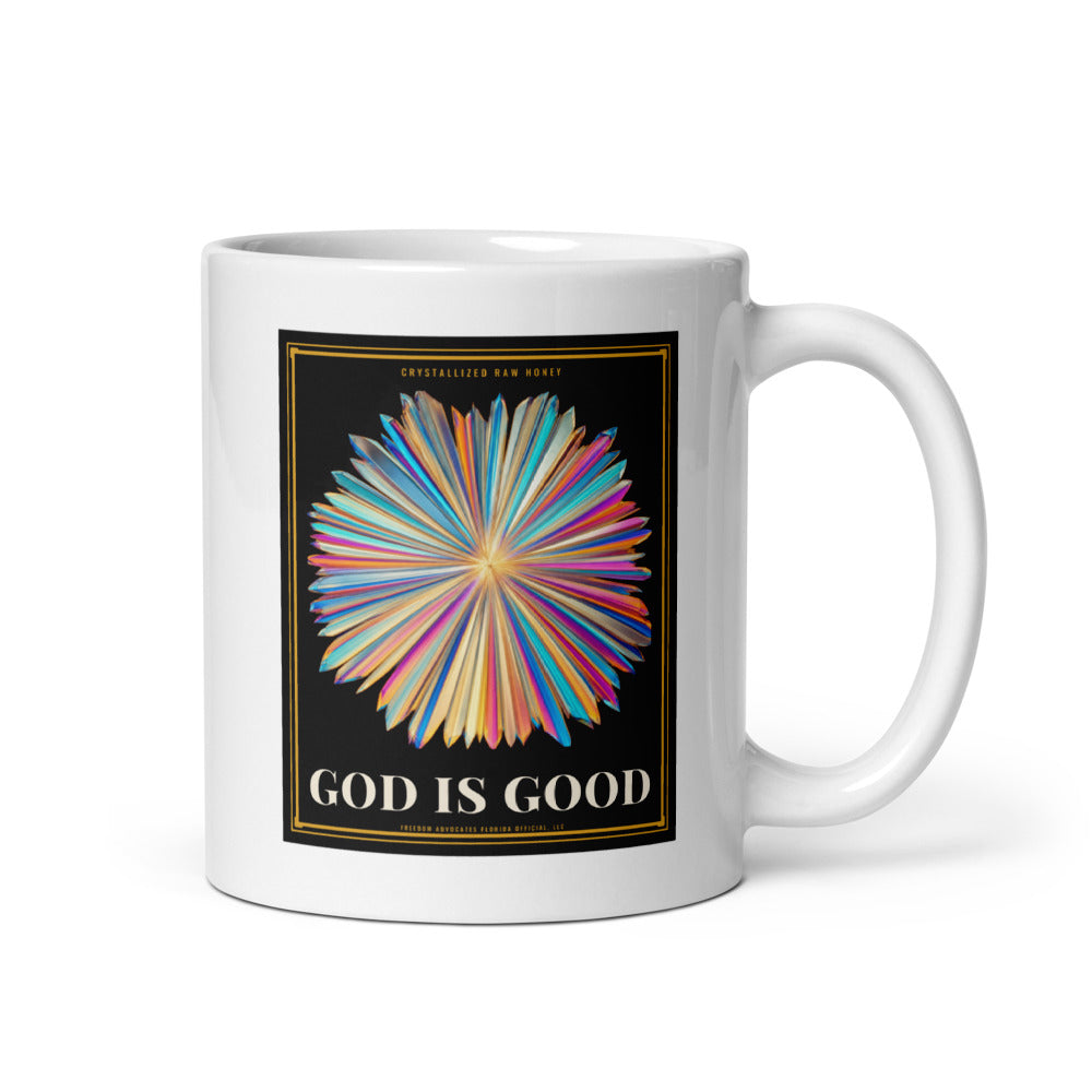 God Is Good centred on the front of a 11 oz white glossy mug - Freedom Advocates Florida Official, LLC