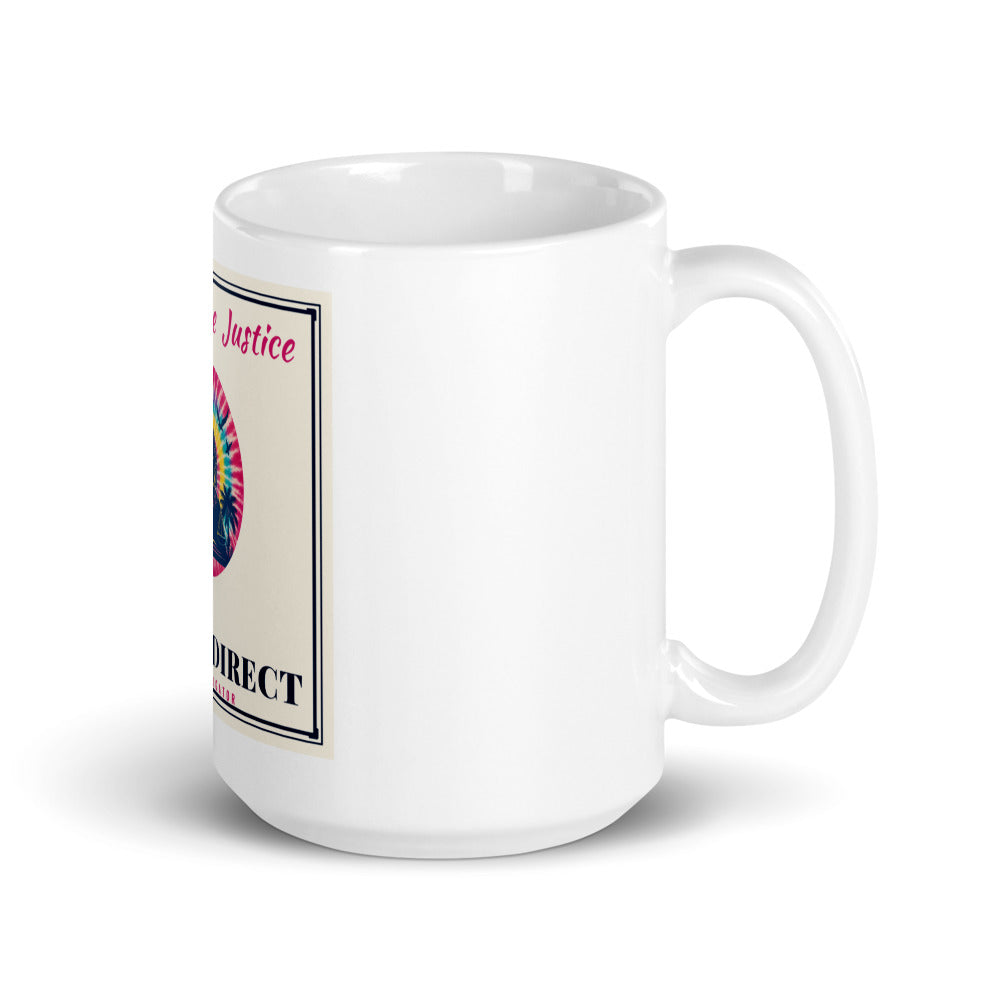 Peace Love Justice printed on a 15 oz white glossy mug - Freedom Advocates Florida Official, LLC