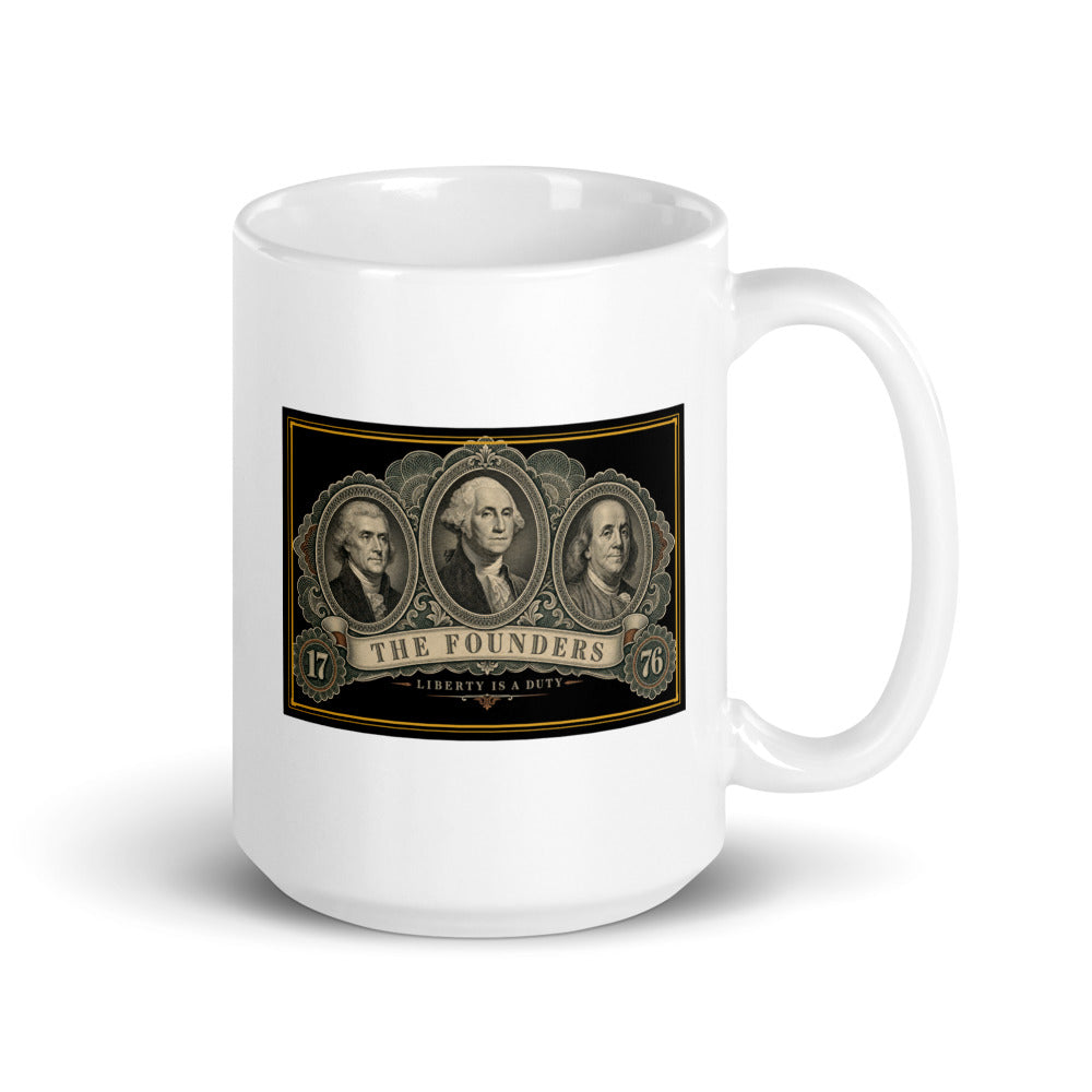 The Founders centred on the front of a 15 oz white glossy mug - Freedom Advocates Florida Official, LLC