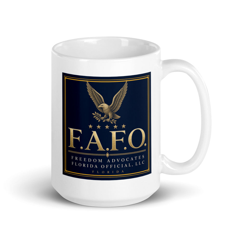 F.A.F.O. Crest centred on the front of a 15 oz white glossy mug - Freedom Advocates Florida Official, LLC