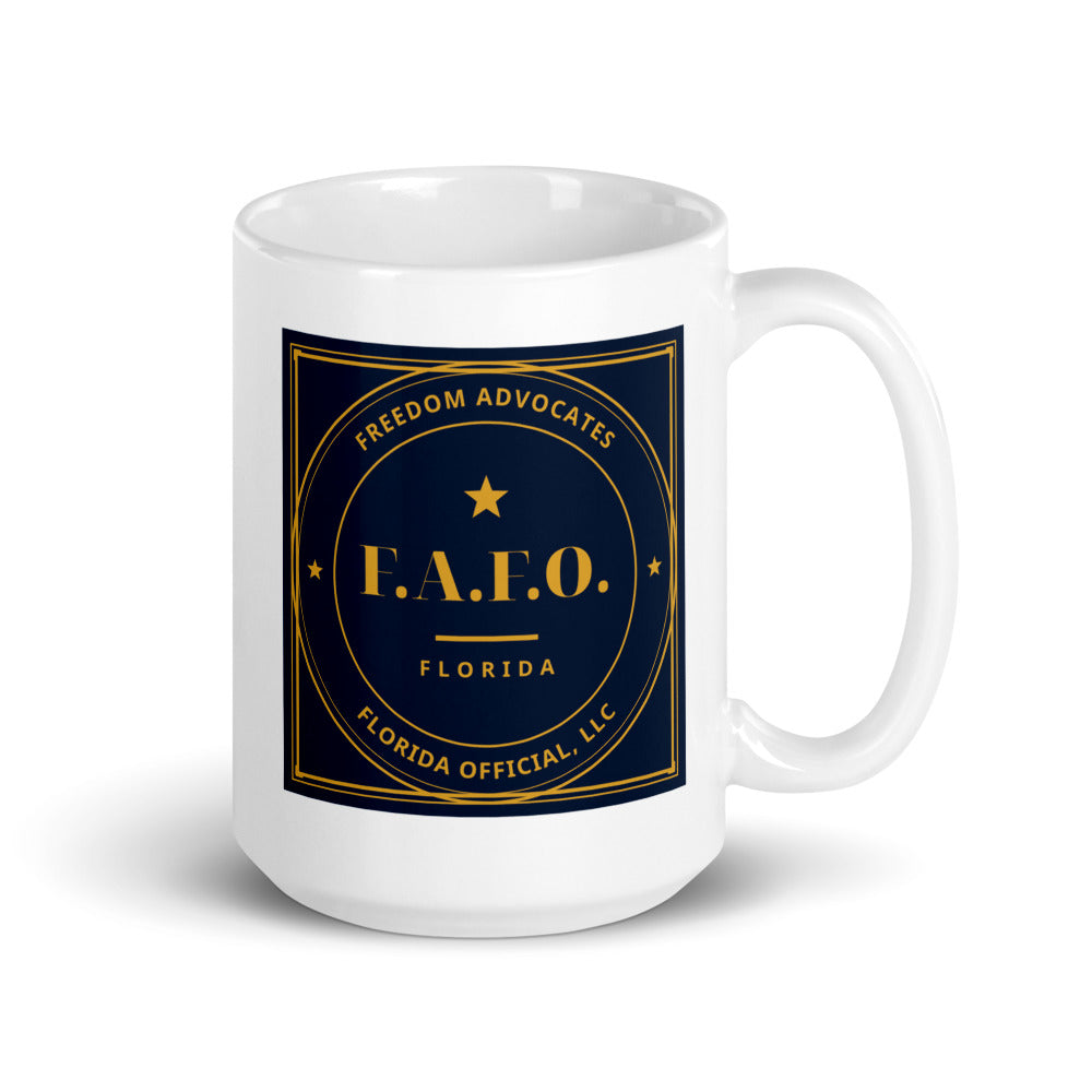 F.A.F.O. Badge centred on the front of a 15 oz white glossy mug - Freedom Advocates Florida Official, LLC