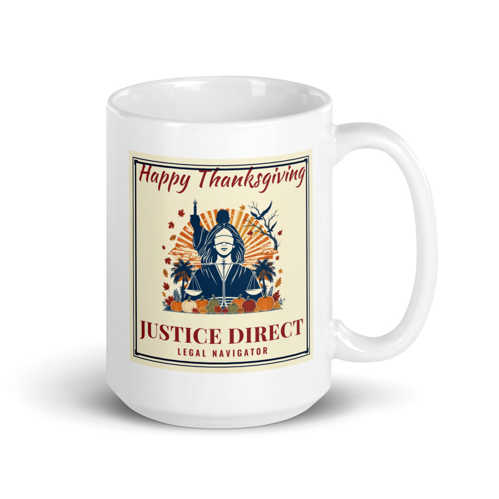 Happy Thanksgiving centred on the front of a 15 oz white glossy mug - Freedom Advocates Florida Official, LLC