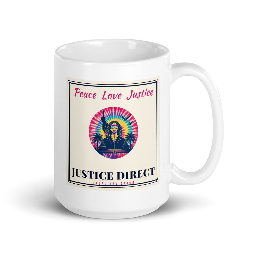 Peace Love Justice centred on the front of a 15 oz white glossy mug - Freedom Advocates Florida Official, LLC