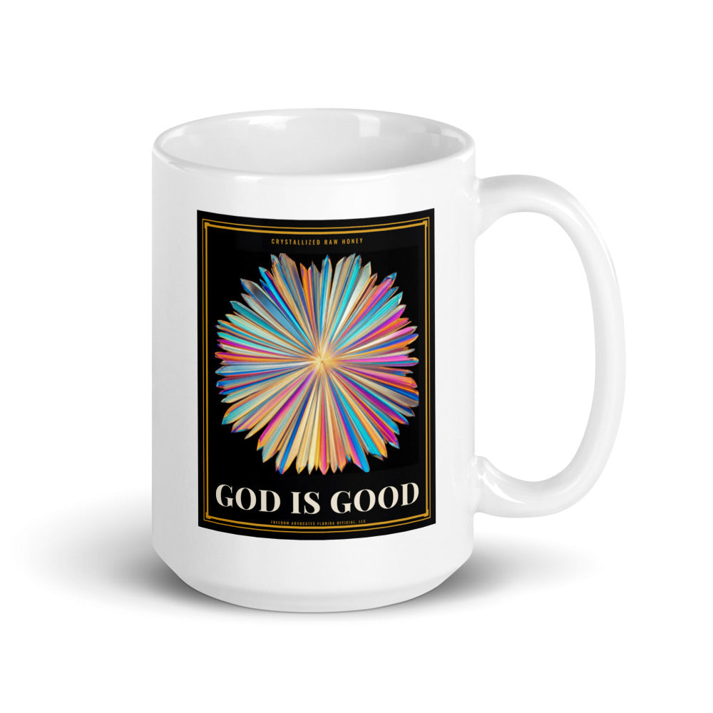 God Is Good centred on the front of a 15 oz white glossy mug - Freedom Advocates Florida Official, LLC